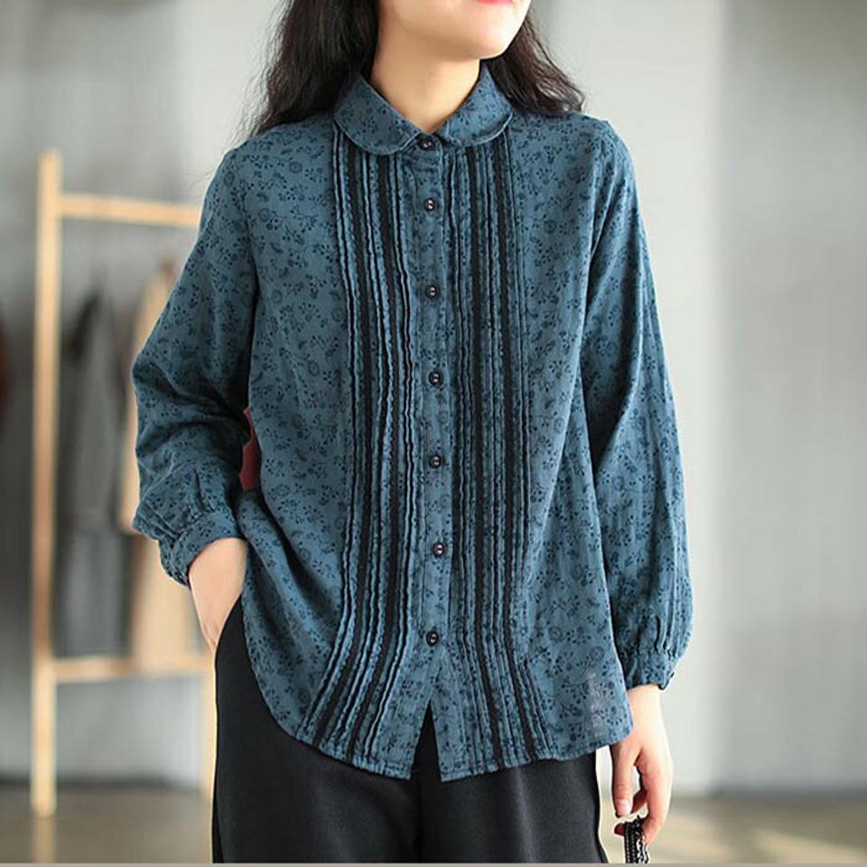 シャツ　レディース　コットン　花柄　トップス　ブラウス　長袖　花柄シャツ 100％コットン　ゆったり　体型カバー　上品　大きいサイズ　着痩せ お洒落　おしゃれ ゆるっと 旅行 母親　ママコーデ