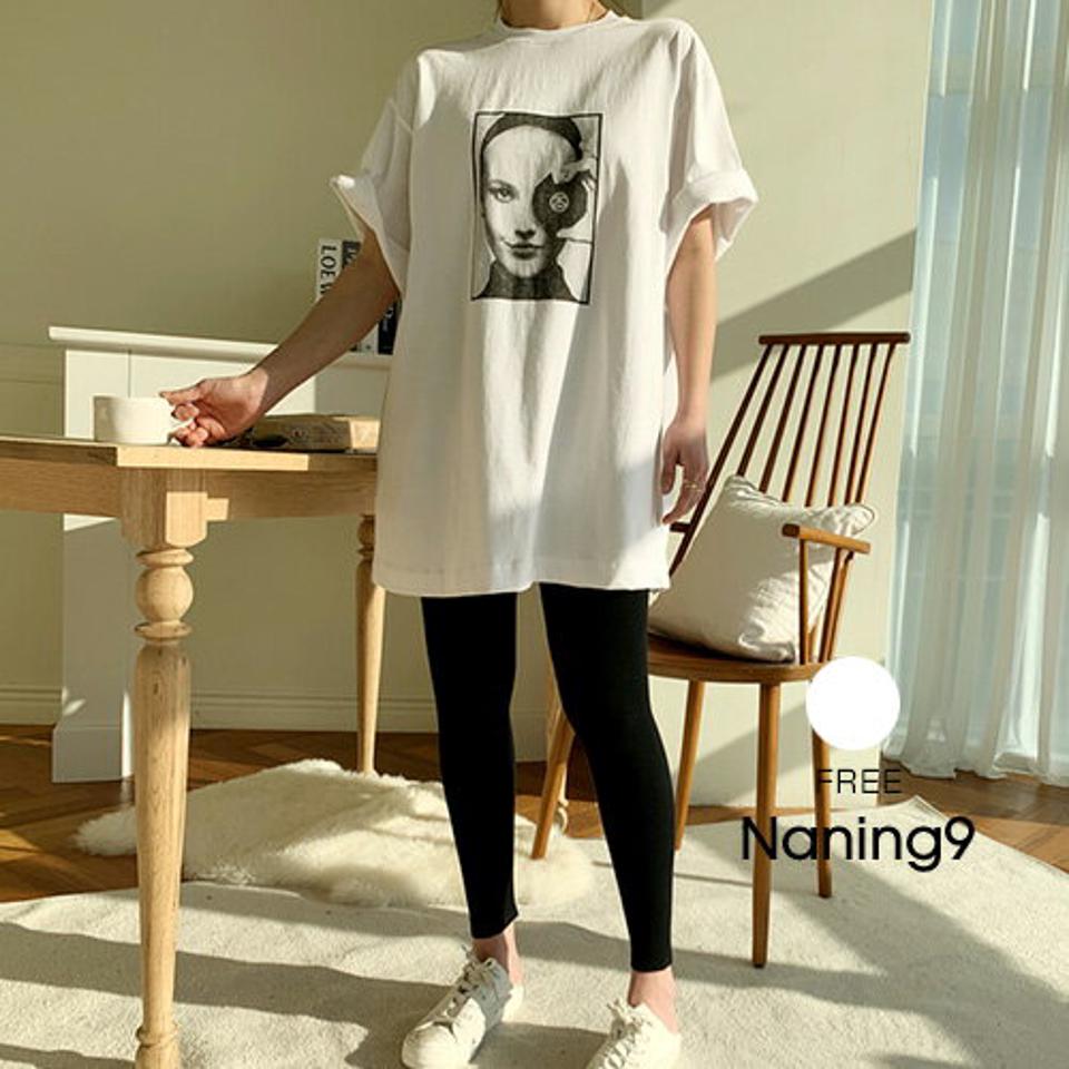 ≪新作早割15%OFF≫NANING9(ナンニング)オーバーサイズモノトーンTシャツ【3/15up_go】韓国 韓国ファッション レディース 人気 春 夏 七分袖 前面プリント カットソー Tシャツ シンプル カジュアル【即納】