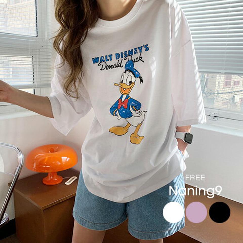 NANING9(ナンニング)ドナルドプリントTシャツ【3/15up_go】韓国 韓国ファッション レディース きれいめ 人気 春 大人 七分丈 ゆったり カットソー 白 ピンク 黒【5】
