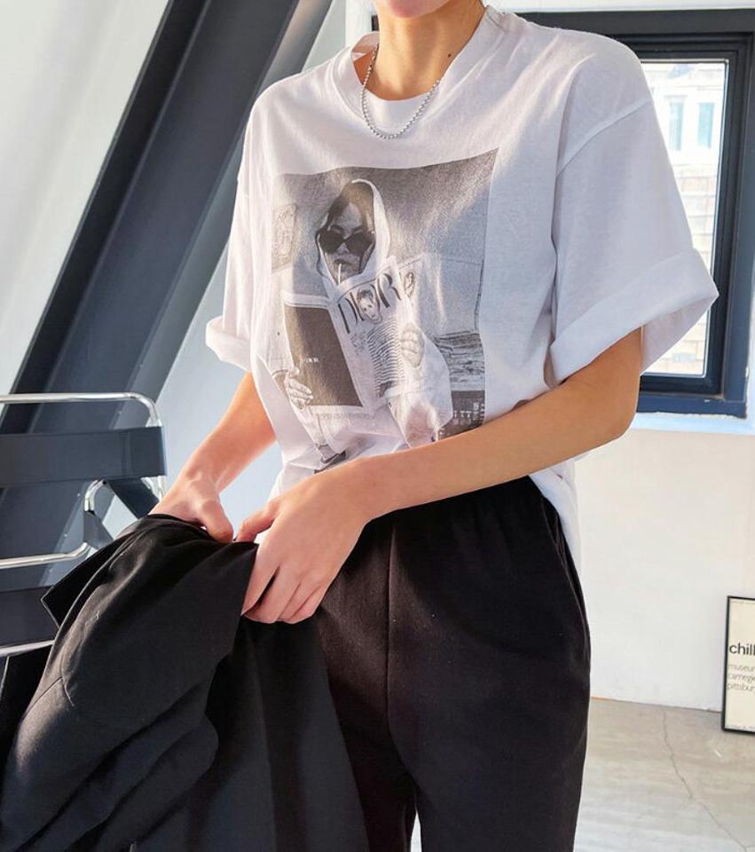 SONYUNARA(ソニョナラ)スナップショットプリントTシャツ【3/15up_ka】韓国 韓国ファッション Tシャツ 半袖 プリント オーバーサイズ 体型カバー モノトーン カジュアル レディース ファッション【5】