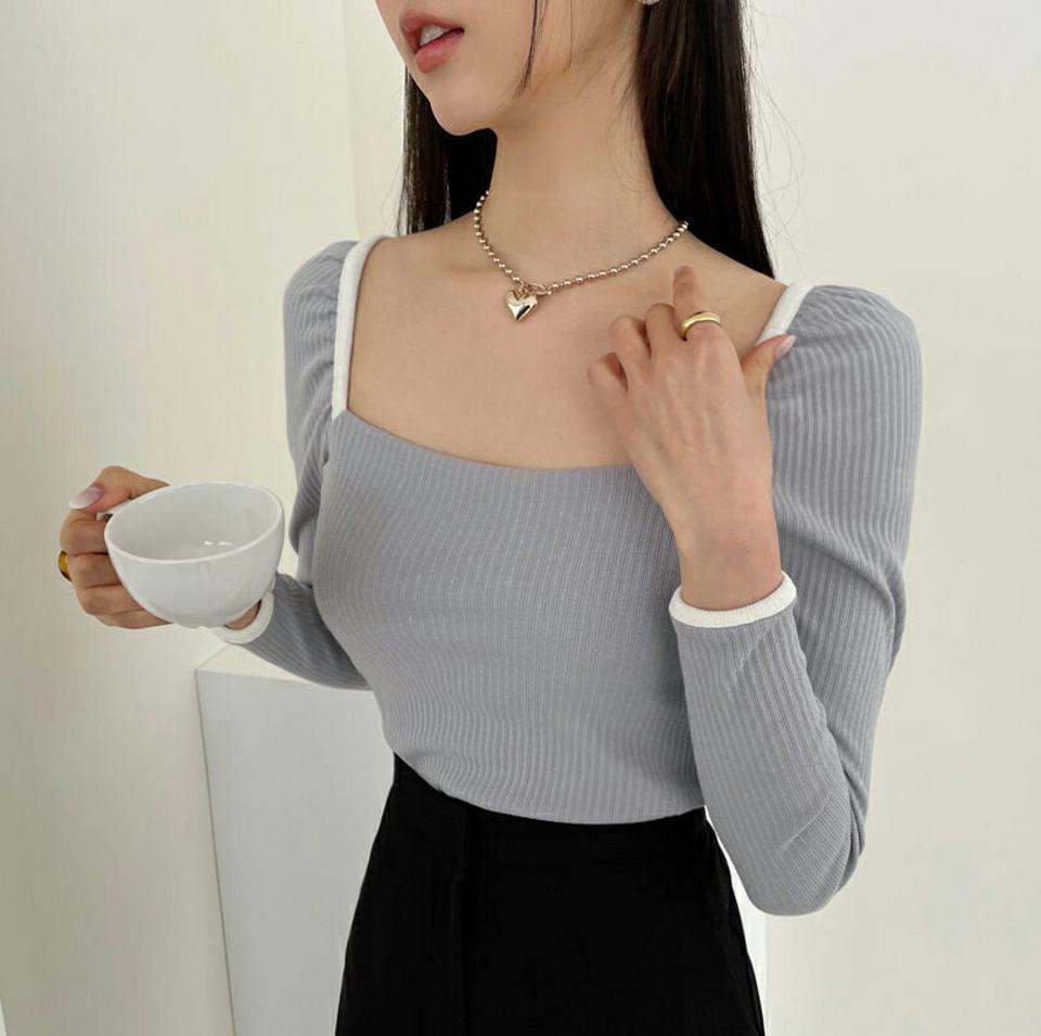 リブ配色パフTシャツ・全4色・e61715 レディース 【tops】 韓国ファッション トップス Tシャツ 長袖 リブ スクエアネック 配色 パフ パフスリーブ デコルテ ボディライン スリム フィット カジュアル デイリー 秋 春