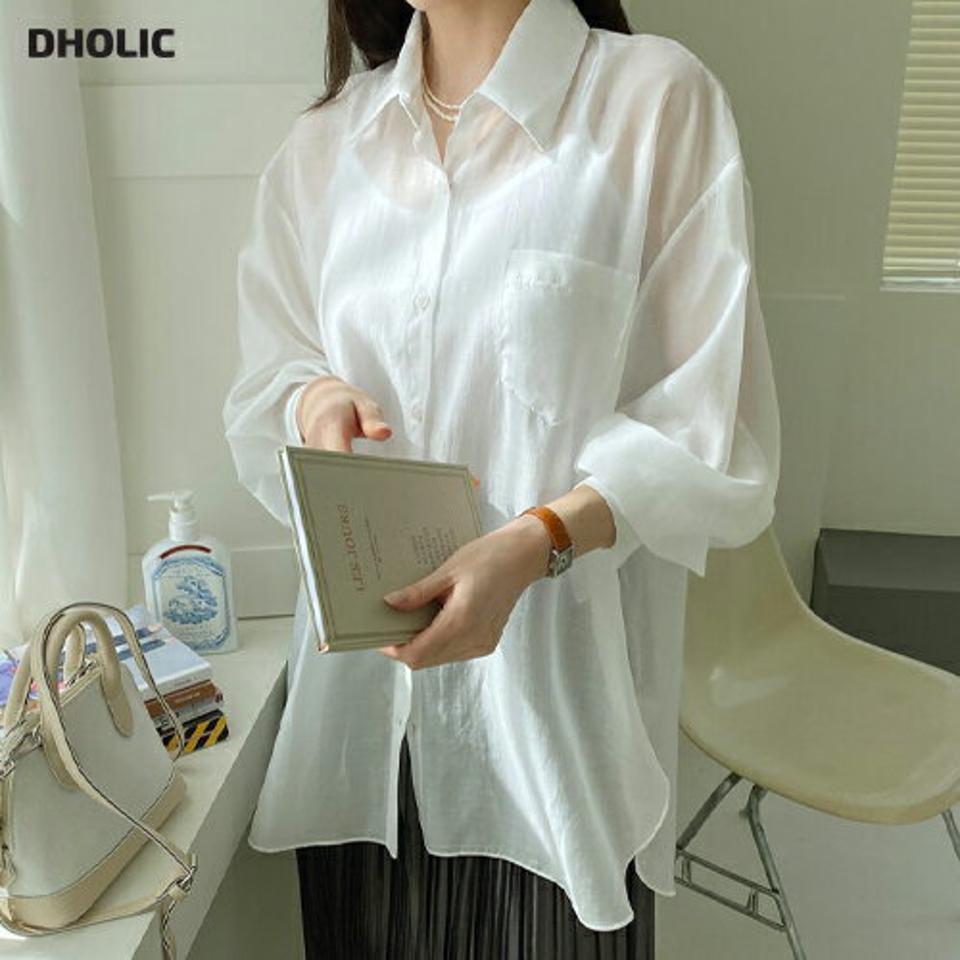 バックツイストシアーシャツ・全3色・t67480 レディース 【bl】【トップス シャツ 長袖 シアー シースルー 透け感 単色 無地 シンプル 白シャツ ホワイトシャツ スリット バックシャン 春 秋 韓国 ファッション】【ハイホリHIHOLLI】