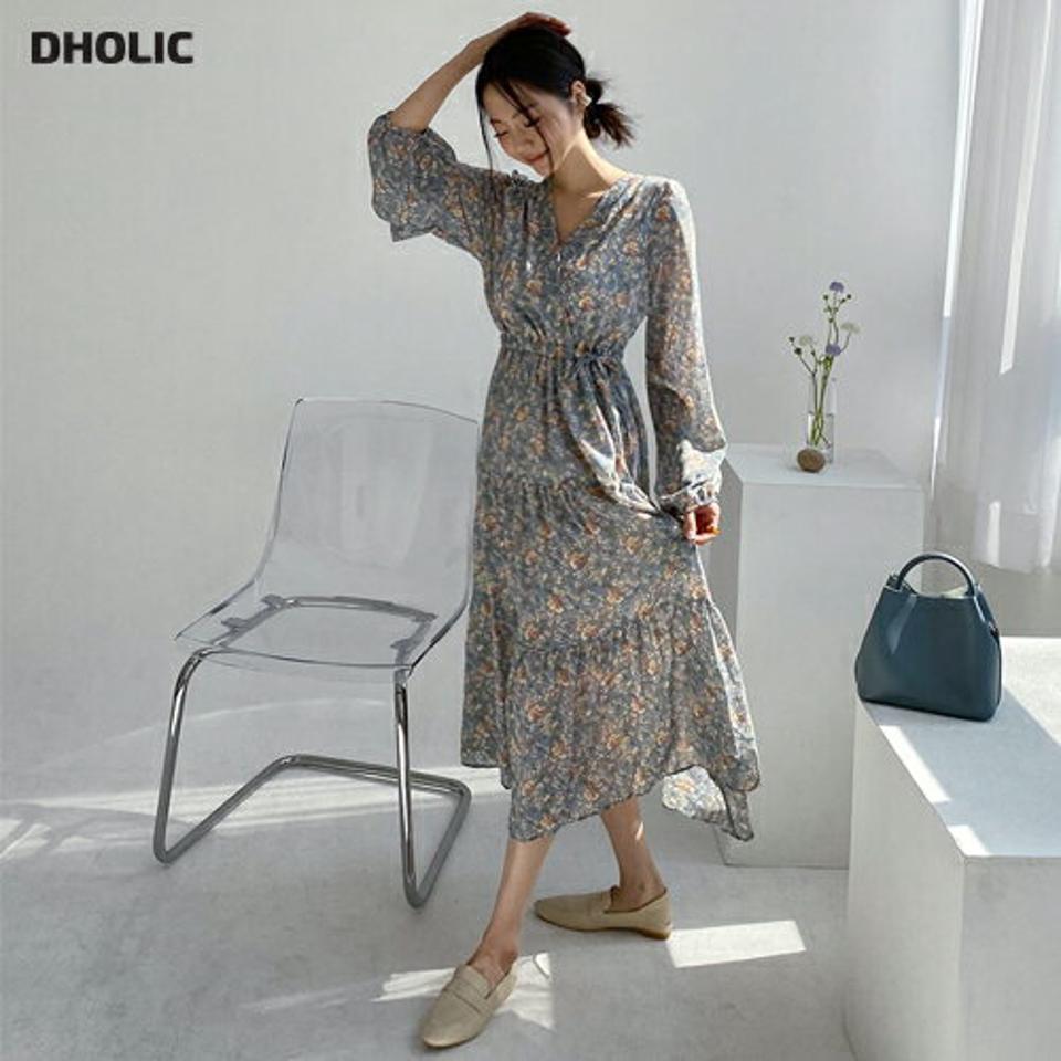 【マラソン特価】≪人気商品再入荷≫花柄ドロストワンピース・全2色・b61737 レディース 【ops】 韓国ファッション ワンピース ロングワンピース 花柄 Vネック ウエストストリング フィット調節 シルキー デコルテ スリム カジュアル 秋 春 fw セール