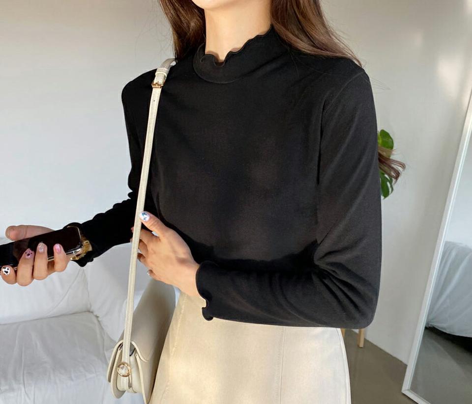 ウェーブハーフネックTシャツ(ブラック)・e61751 レディース 【tops】【韓国 ファッション トップス Tシャツ 長袖 ウェーブ スリム ハーフネック フィット カジュアル 体型カーバー デイリー 細身 秋 春】