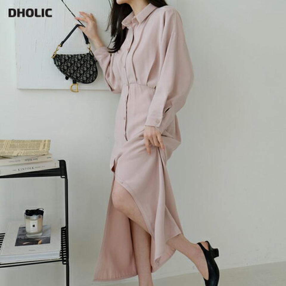 カラーネックボタンワンピース・全4色・t67485 レディース 【ops】【ワンピース ロング ロングワンピース 長袖 スリット 深スリット 単色 無地 シンプル 大人 カジュアル 春 秋 韓国 ファッション】【ハイホリHIHOLLI】