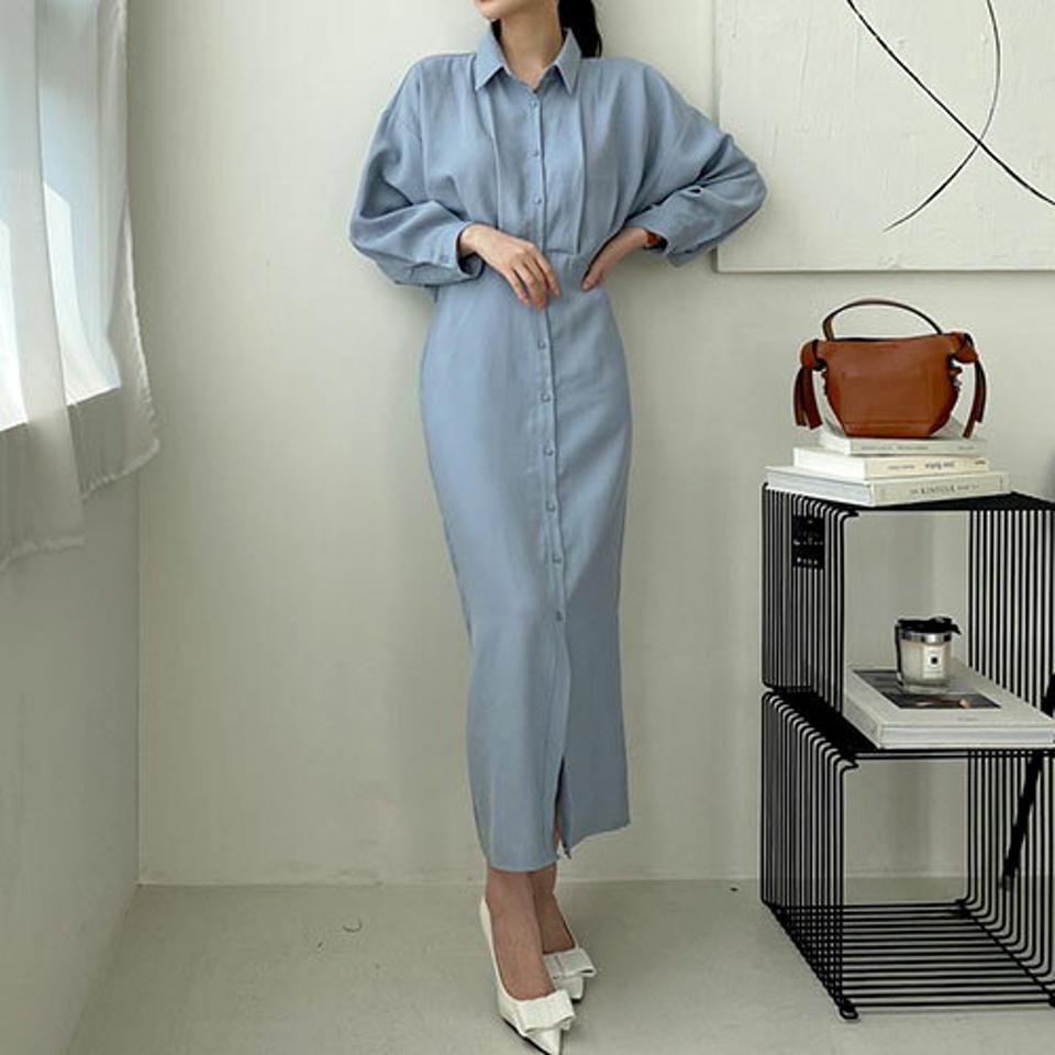 カラーネックボタンワンピース・全4色・t67485 レディース 【ops】【ワンピース ロング ロングワンピース 長袖 スリット 深スリット 単色 無地 シンプル 大人 カジュアル 春 秋 韓国 ファッション】【ハイホリHIHOLLI】