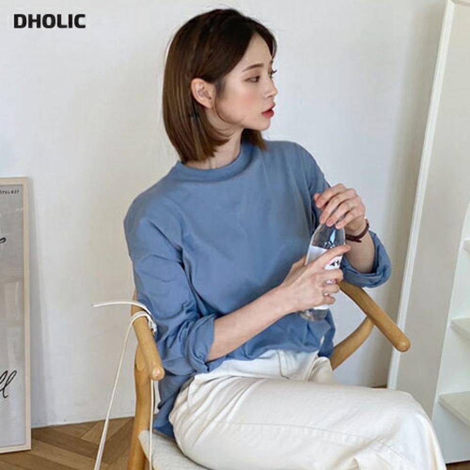 【マラソン特価】ルーズスリットTシャツ(ディープスカイブルー)・e61755 レディース 【tops】 韓国ファッション トップス Tシャツ 長袖 ルーズ スリット ラフ ラウンドネック カジュアル デイリー 細身 秋 春