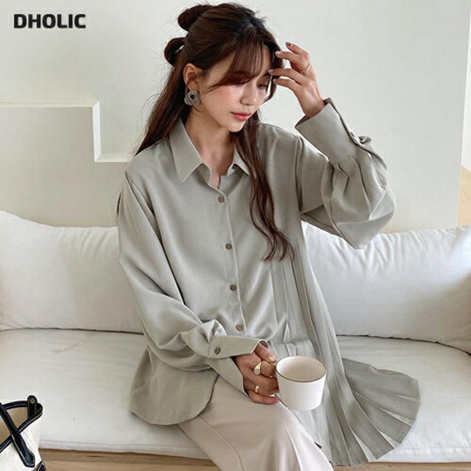 サイドプリーツシャツ・全4色・e61746 レディース 【bl】 韓国ファッション トップス シャツ ブラウス 長袖 プリーツシャツ サイドプリーツ アンバランス丈 フェミニン カジュアル デイリー インしない チュニック 秋 春