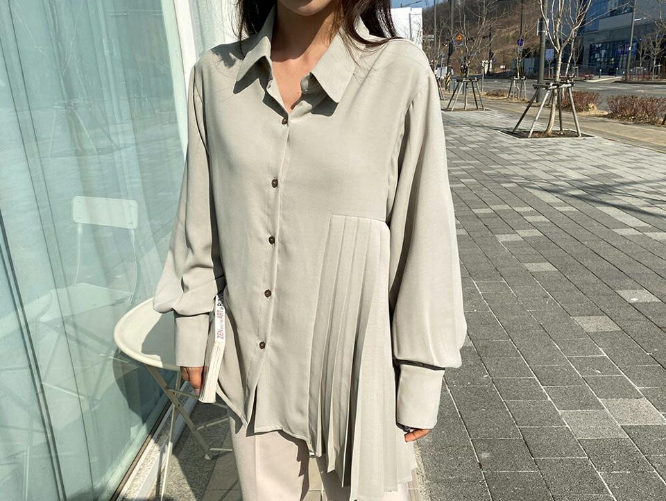 サイドプリーツシャツ・全4色・e61746 レディース 【bl】 韓国ファッション トップス シャツ ブラウス 長袖 プリーツシャツ サイドプリーツ アンバランス丈 フェミニン カジュアル デイリー インしない チュニック 秋 春