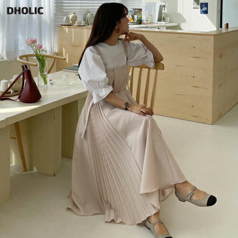 タックスリーブレスワンピース・全3色・e61759 レディース 【ops】 韓国ファッション ワンピース ロング ロングワンピス タック スリーブレス フェミニン ノースリワンピース プリーツ シャーリング フレア 細身 スリム カジュアル 体型カバー 秋 春