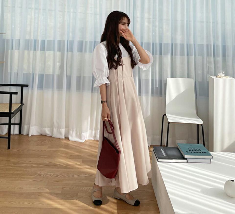 タックスリーブレスワンピース・全3色・e61759 レディース 【ops】 韓国ファッション ワンピース ロング ロングワンピス タック スリーブレス フェミニン ノースリワンピース プリーツ シャーリング フレア 細身 スリム カジュアル 体型カバー 秋 春