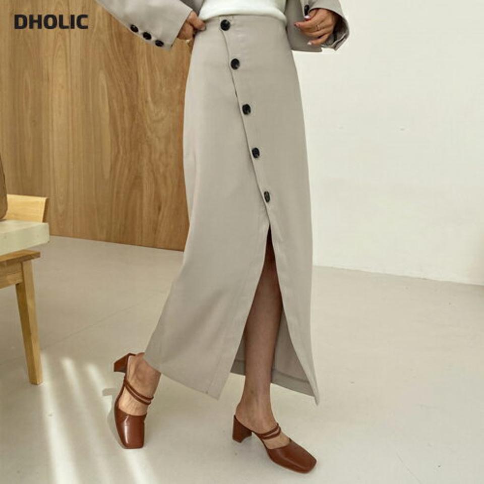 ダイアゴナルボタンスカート・全2色・t61731 レディース 【sk】【韓国 ファッション ボトムス スカート ロング ロングスカート Vスリット シルキー ウエストゴム フェミニン デイリー ベーシック 上品 秋 春】