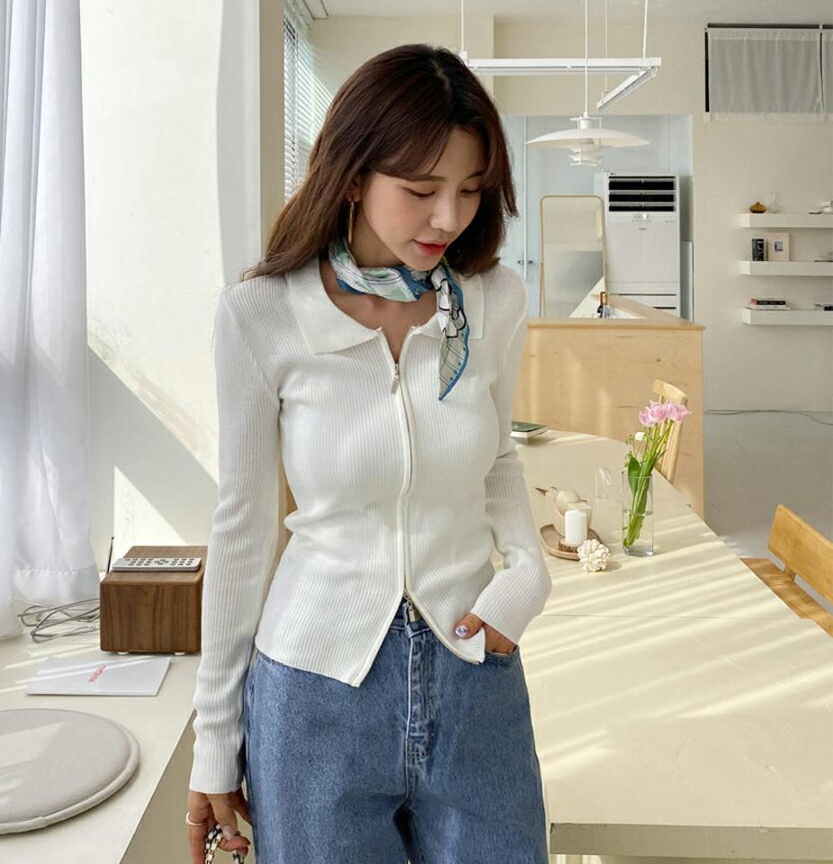 2TYPEジップアップカラーニット・全4色・b61741 レディース 【tops】【韓国 ファッション トップス ニット 長袖 2TYPE ジップアップ カラーニット 配色 無地 スリム フィット カジュアル 細身 大人 体型カーバー デイリー スリムニット 秋 春】