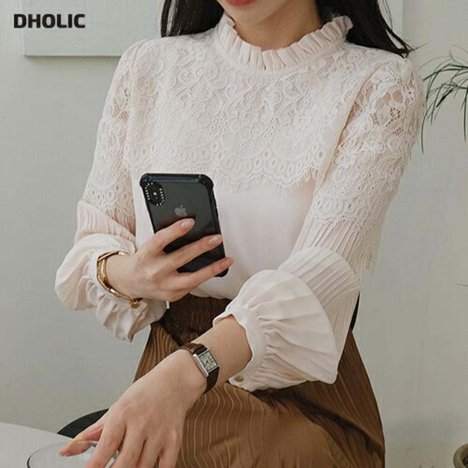 ハイネック配色ブラウス・全3色・b67333 レディース 【bl】【トップス ブラウス 長袖 ハイネック レース フェミニン モダン 可愛い かわいい 春　秋 韓国 ファッション】【ハイホリHIHOLLI】