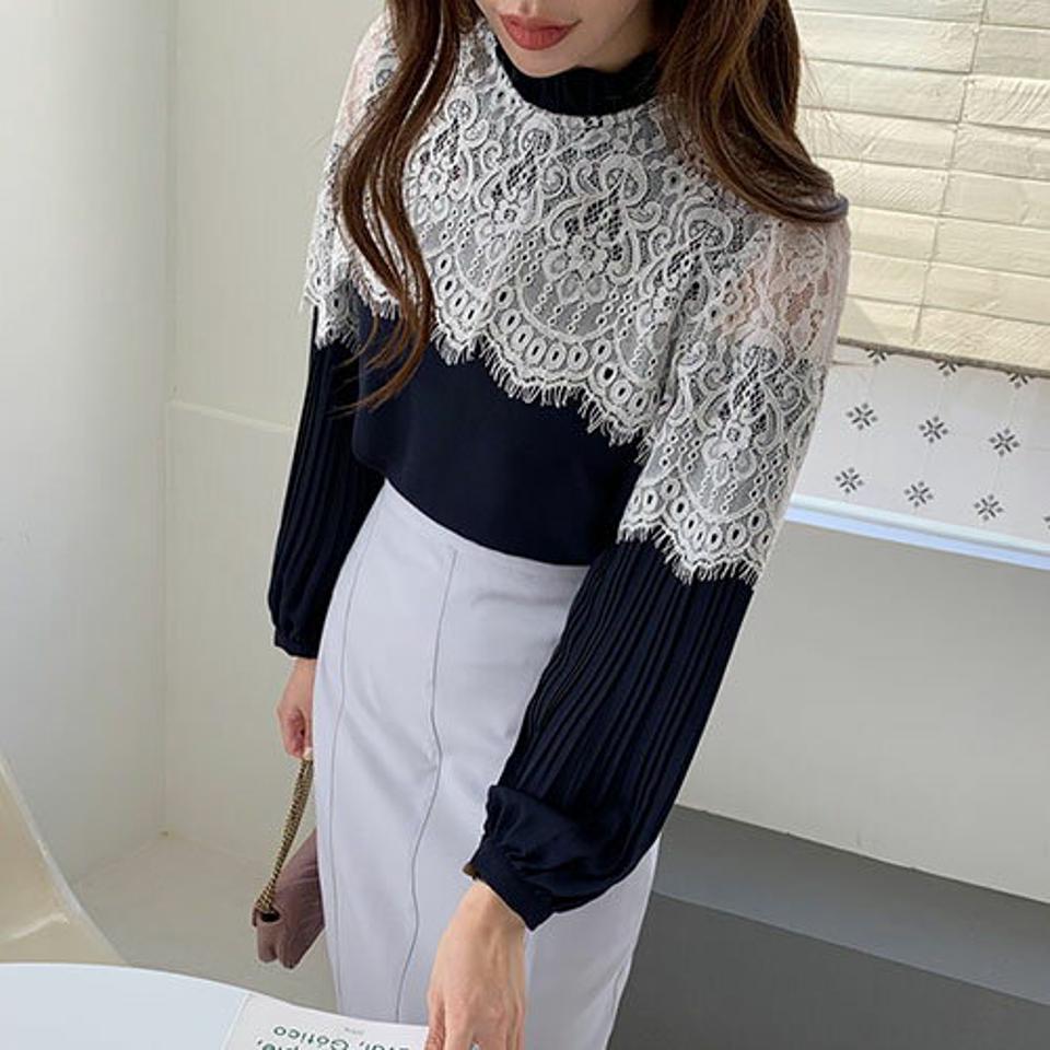 ハイネック配色ブラウス・全3色・b67333 レディース 【bl】【トップス ブラウス 長袖 ハイネック レース フェミニン モダン 可愛い かわいい 春　秋 韓国 ファッション】【ハイホリHIHOLLI】