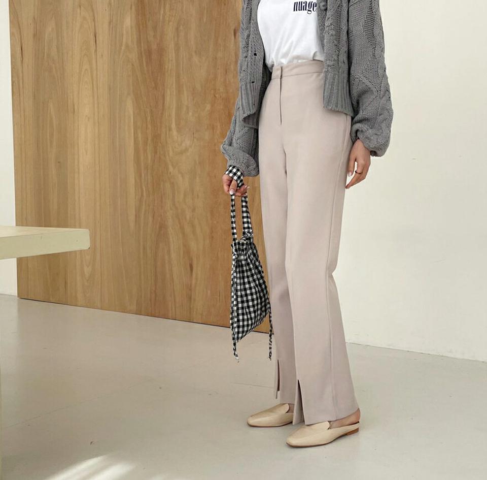 スリットスラックス・全2色・t61764 レディース 【pt】【韓国 ファッション ボトムス パンツ スラックス スリムパンツ スリットスラックス サイドポケット オフィスカジュアル ストレート ハイウエスト 細身 無地 体型カーバー 秋 春】