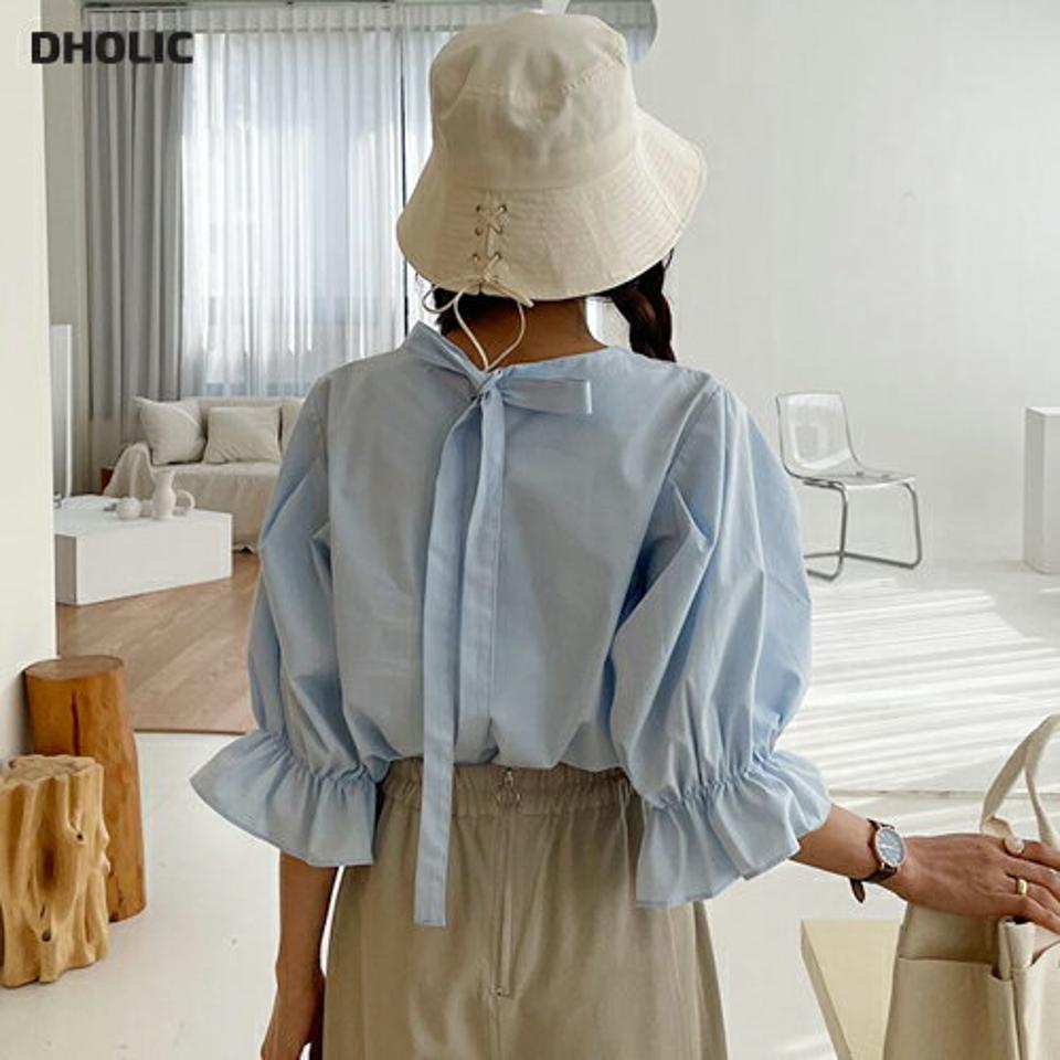 バックリボンパフブラウス・全3色・t61757 レディース 【bl】【韓国 ファッション トップス ブラウス 長袖 上品 パフスリーブ ラウンドネック リボン ボリューム ラブリー フェミニン カジュアル デイリー 秋 春】