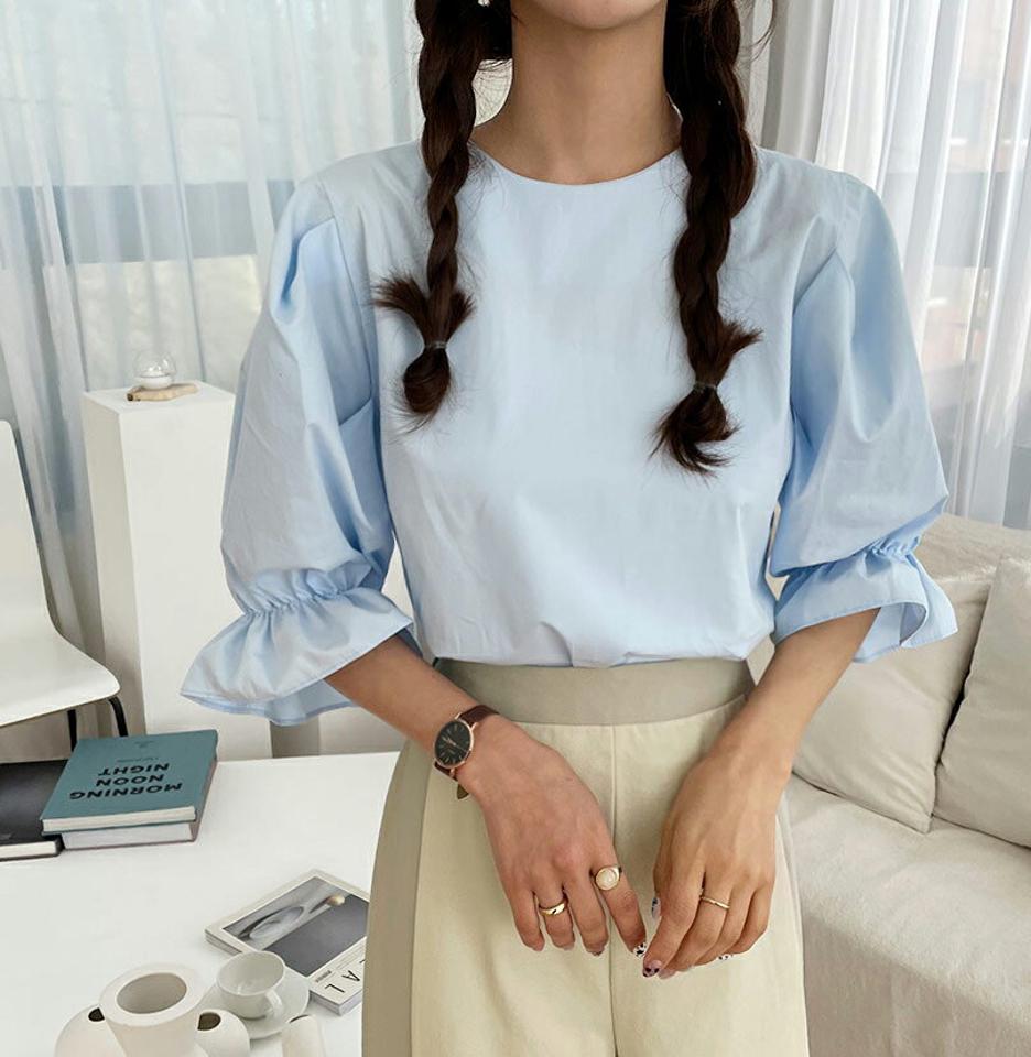 バックリボンパフブラウス・全3色・t61757 レディース 【bl】【韓国 ファッション トップス ブラウス 長袖 上品 パフスリーブ ラウンドネック リボン ボリューム ラブリー フェミニン カジュアル デイリー 秋 春】