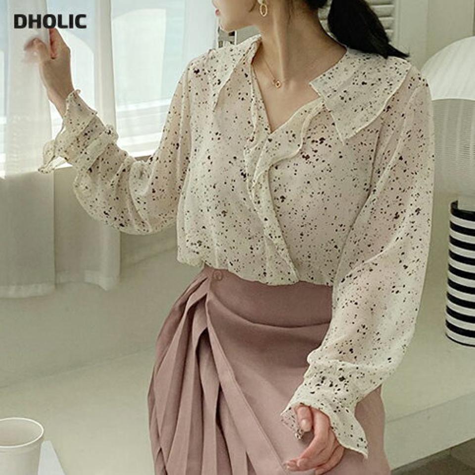 ペイントフリルシアーブラウス・全2色・t67486 レディース 【bl】【トップス ブラウス 長袖 シアー シースルー 透け感 ペイント フリル 大人 可愛い かわいい 春 秋 韓国 ファッション】【ハイホリHIHOLLI】