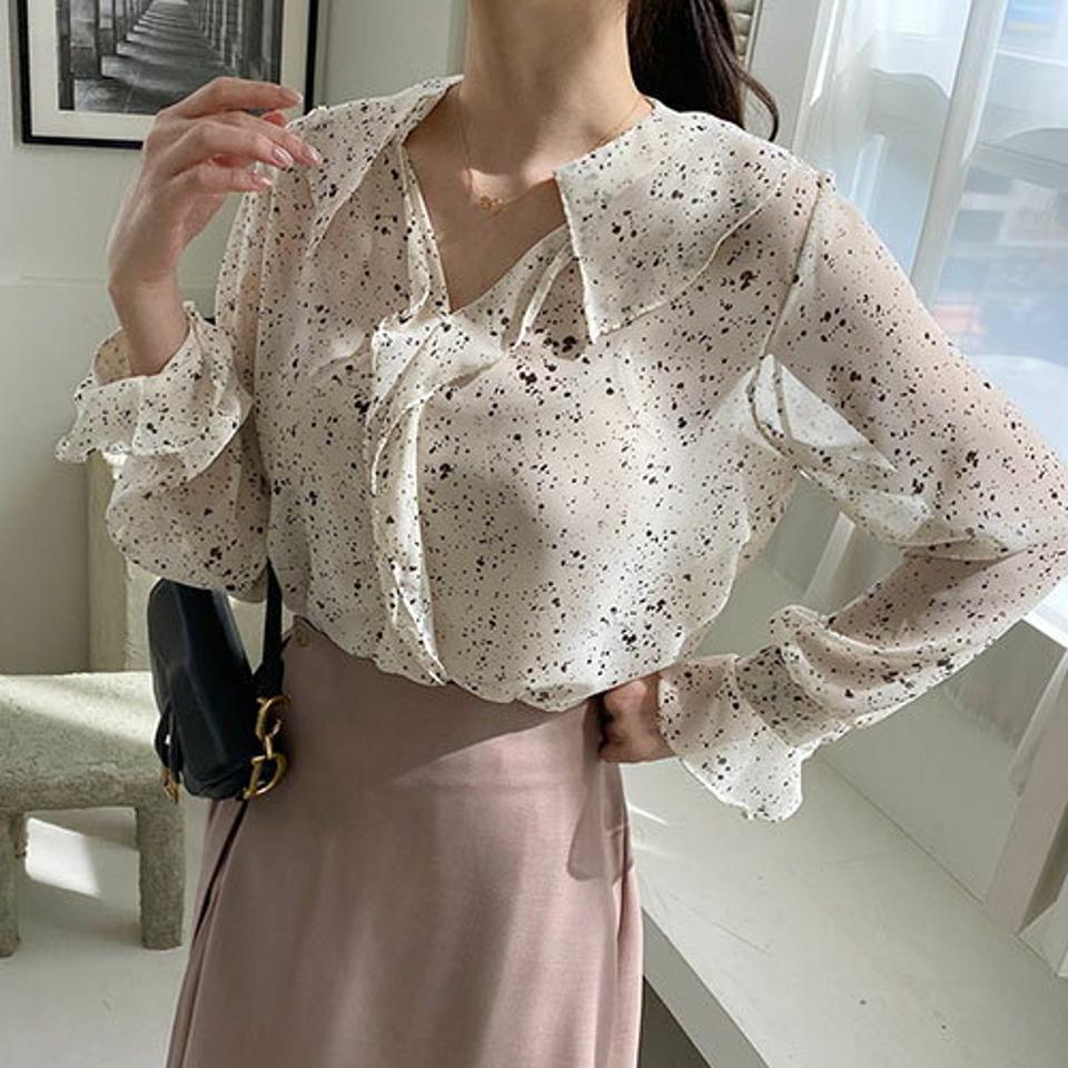 ペイントフリルシアーブラウス・全2色・t67486 レディース 【bl】【トップス ブラウス 長袖 シアー シースルー 透け感 ペイント フリル 大人 可愛い かわいい 春 秋 韓国 ファッション】【ハイホリHIHOLLI】