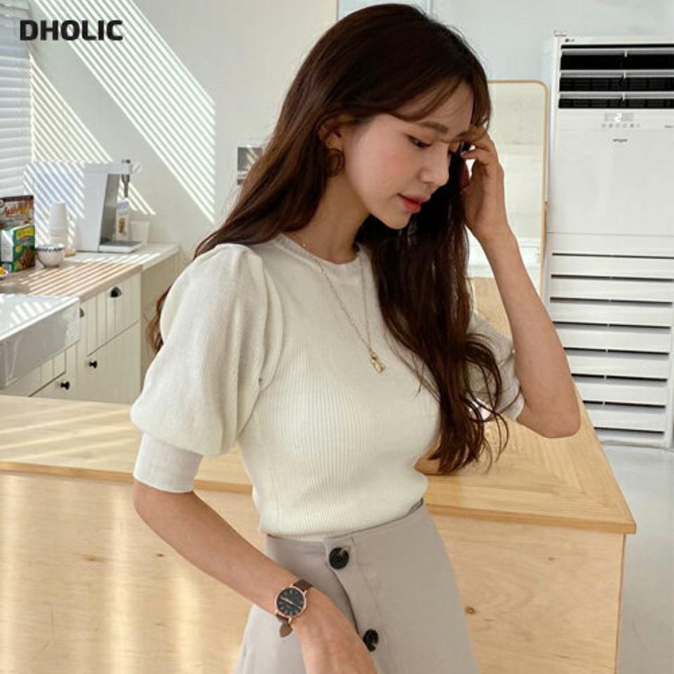 パフラウンドニット・全4色・b61739 レディース 【tops】【韓国 ファッション トップス ニット 半袖 パフ パフスリーブ ラウンドネック スリム フィット カジュアル 細身 大人 体型カーバー デイリー スリムニット 秋 春】