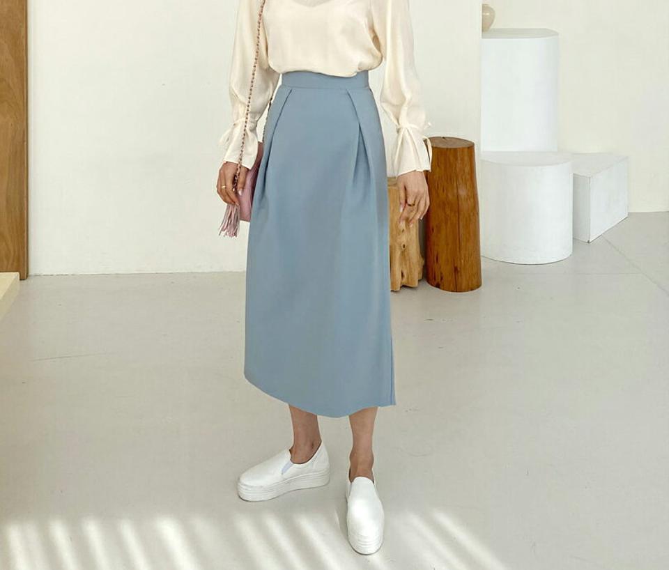 タックHラインスカート・全3色・t61729 レディース 【sk】【韓国 ファッション ボトムス スカート ロング ロングスカート Hライン 大人 タック スリット カジュアル 体型カバー シンプル フェミニン デイリー ベーシック 上品 秋 春】