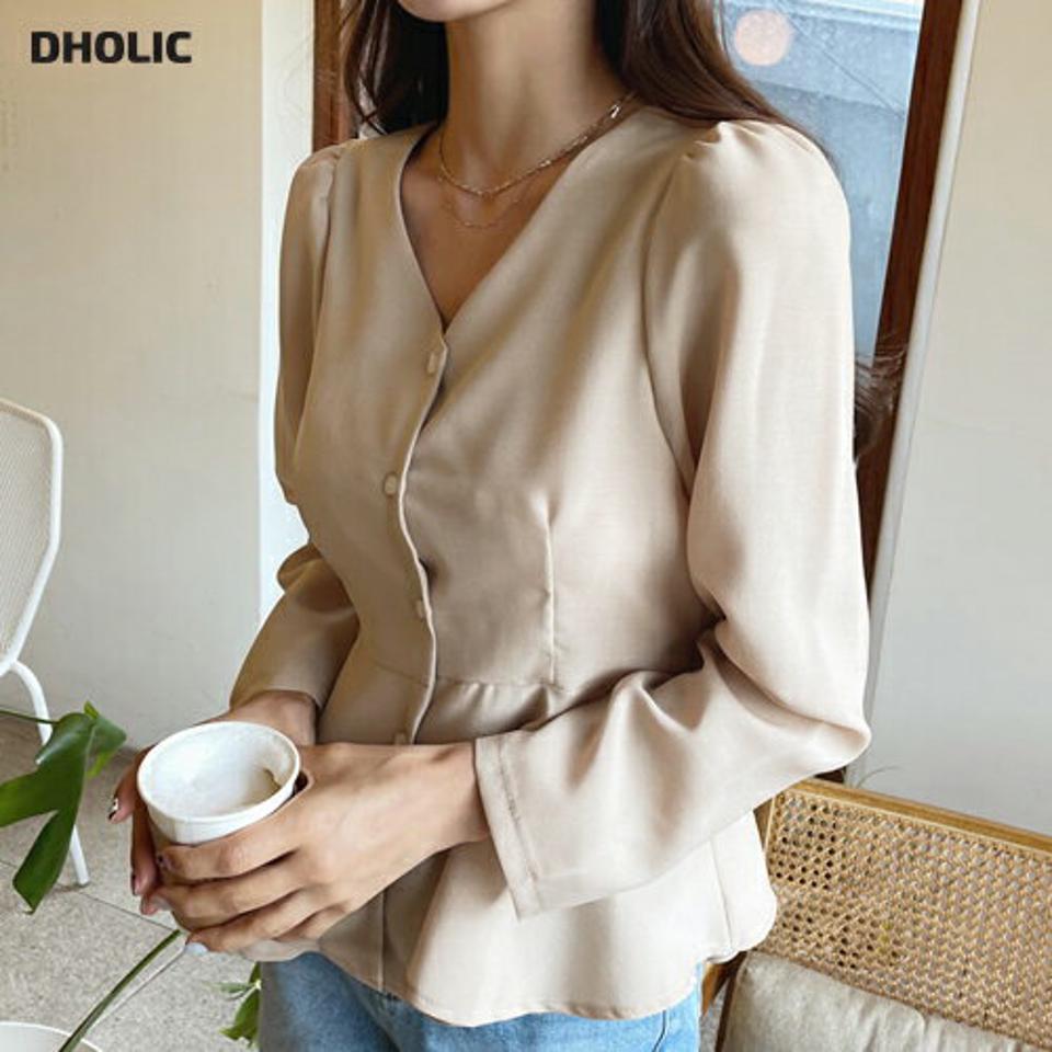 リボンフレアブラウス・全1色・e61750 レディース 【bl】【韓国 ファッション トップス ブラウス 長袖 上品 Vネック リボン フレアブラウス ウエストリボン フレア デコルテ フェミニン カジュアル デイリー 秋 春】