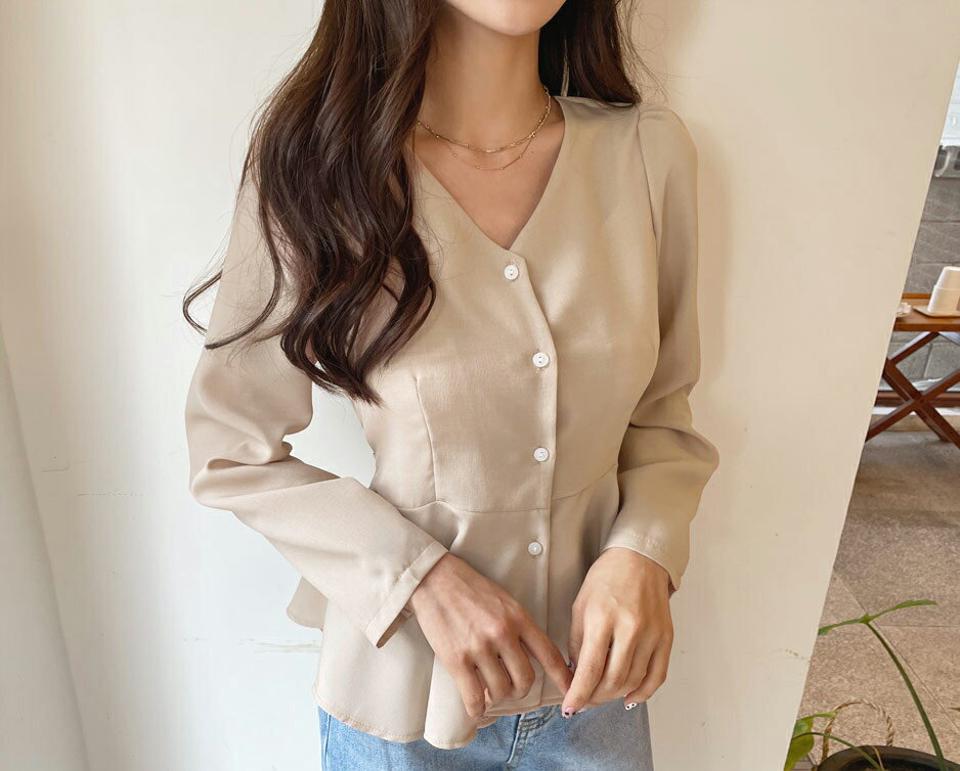 リボンフレアブラウス・全1色・e61750 レディース 【bl】【韓国 ファッション トップス ブラウス 長袖 上品 Vネック リボン フレアブラウス ウエストリボン フレア デコルテ フェミニン カジュアル デイリー 秋 春】