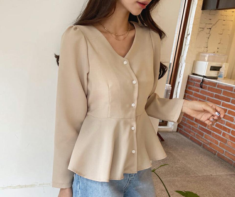 リボンフレアブラウス・全1色・e61750 レディース 【bl】【韓国 ファッション トップス ブラウス 長袖 上品 Vネック リボン フレアブラウス ウエストリボン フレア デコルテ フェミニン カジュアル デイリー 秋 春】