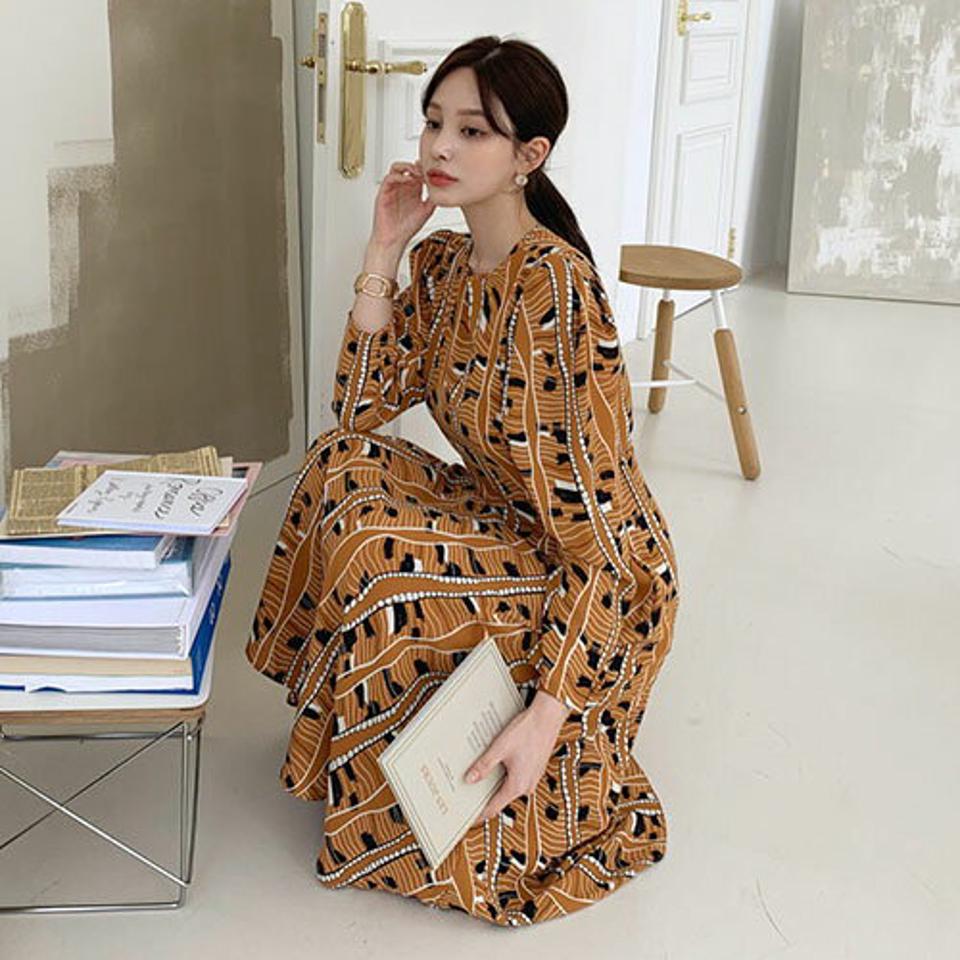 ユニークプリントワンピース・全3色・b67487 レディース 【ops】【ワンピース ロング ロングワンピース 長袖 プリント ユニーク モダン シック 大人 高級感 結婚式 春 秋 韓国 ファッション】【ハイホリHIHOLLI】