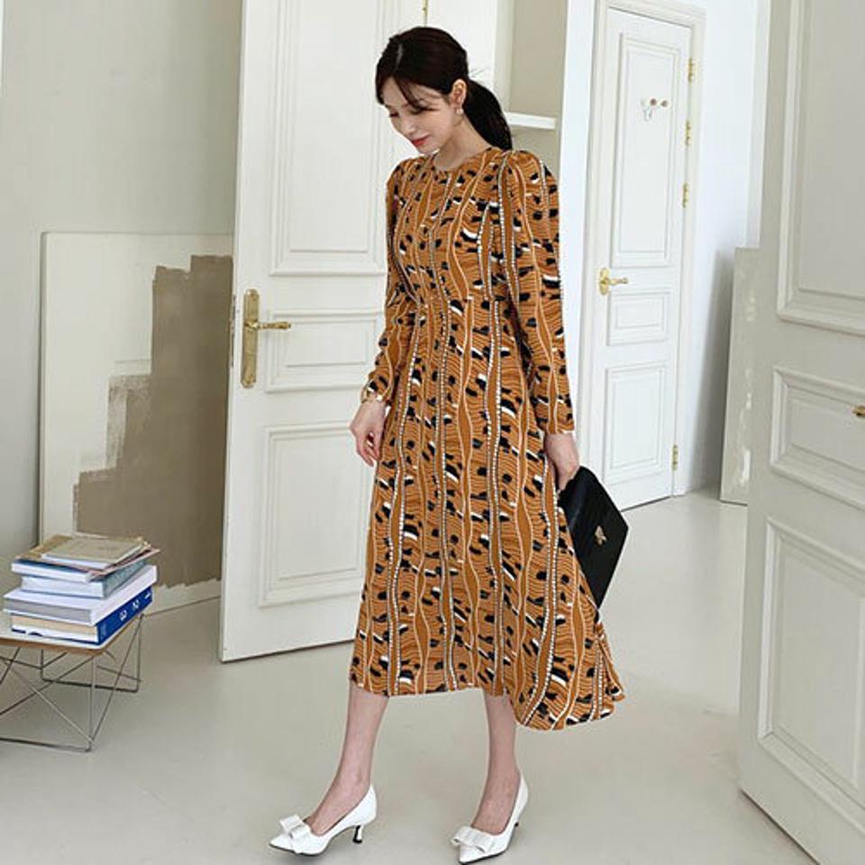 ユニークプリントワンピース・全3色・b67487 レディース 【ops】【ワンピース ロング ロングワンピース 長袖 プリント ユニーク モダン シック 大人 高級感 結婚式 春 秋 韓国 ファッション】【ハイホリHIHOLLI】