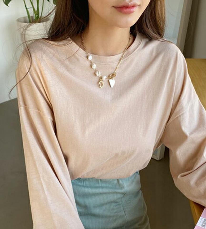 ルーズスリットTシャツ(ベージュ)・e61753 レディース 【tops】 韓国ファッション トップス Tシャツ 長袖 ルーズ スリット ラフ ラウンドネック カジュアル デイリー 秋 春196