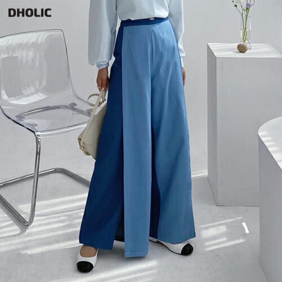 バイカラータックスリットパンツ・全2色・61725 レディース 【pt】【韓国 ファッション ボトムス パンツ ロング スリット ワイド ワイドパンツ バイカラー タック スリットパンツ バックゴム シンプル 無地 ルーズ 体型カーバー 秋 春】