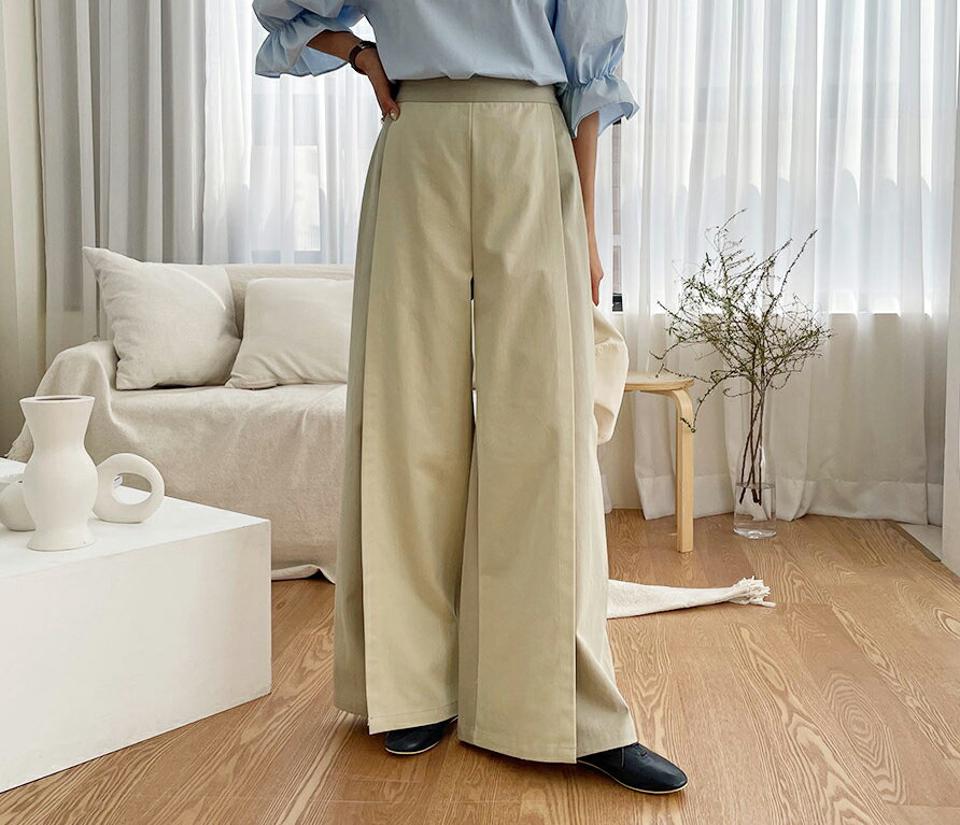 バイカラータックスリットパンツ・全2色・61725 レディース 【pt】【韓国 ファッション ボトムス パンツ ロング スリット ワイド ワイドパンツ バイカラー タック スリットパンツ バックゴム シンプル 無地 ルーズ 体型カーバー 秋 春】