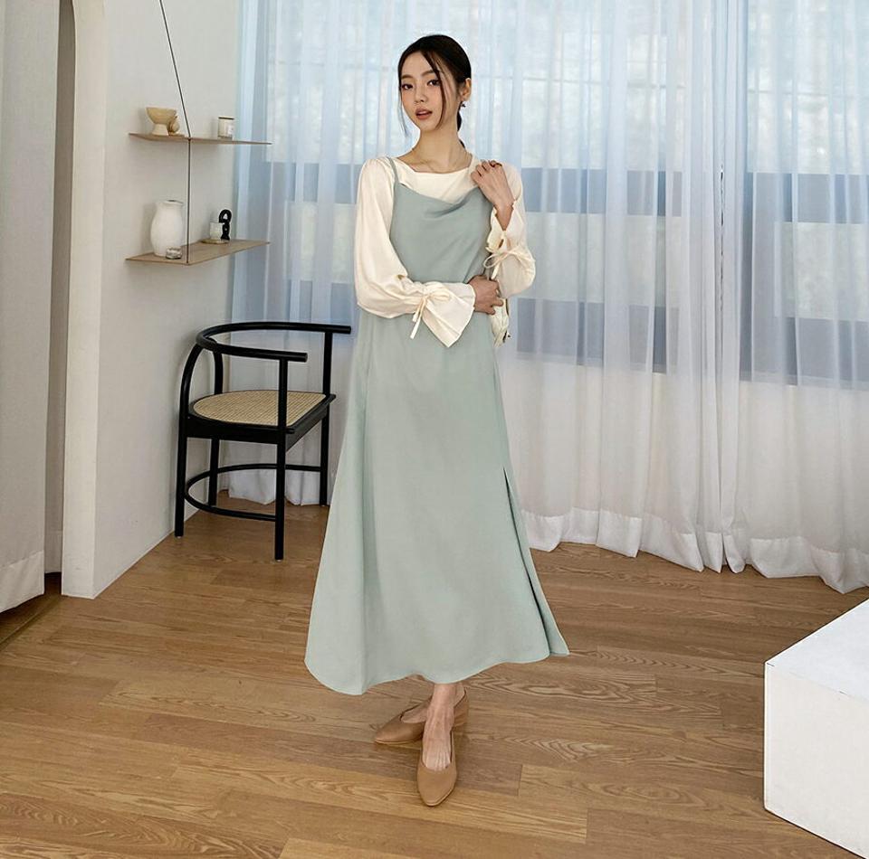 ロングキャミワンピース・全3色・t61760 レディース 【ops】【韓国 ファッション ワンピース ロング ロングワンピス スリーブレス レイヤード アンバランス キャミ キャミソール ベーシック 細身 スリム カジュアル 体型カバー ルーズ 秋 春】