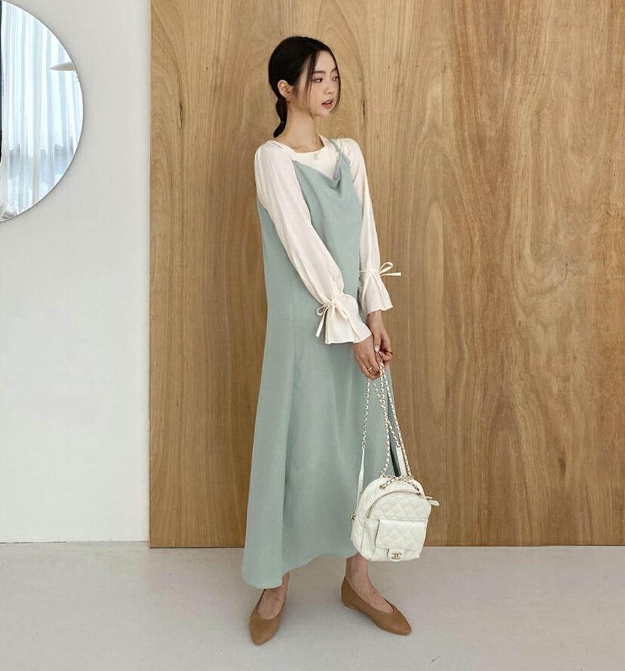 ロングキャミワンピース・全3色・t61760 レディース 【ops】【韓国 ファッション ワンピース ロング ロングワンピス スリーブレス レイヤード アンバランス キャミ キャミソール ベーシック 細身 スリム カジュアル 体型カバー ルーズ 秋 春】