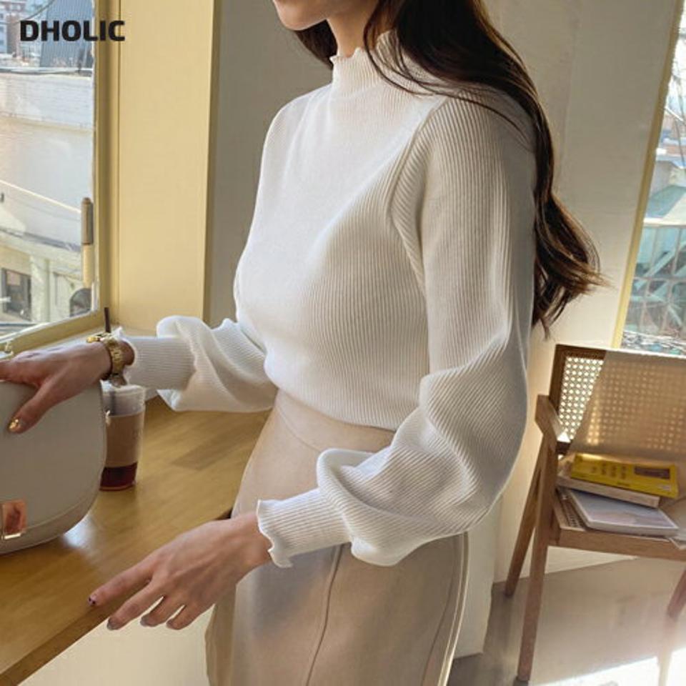 ウェーブハーフネックリブTシャツ・全1色・e61752 レディース 【tops】【韓国 ファッション トップス Tシャツ 長袖 ウェーブ ハーフネック リブ スリム ボリューム袖 カジュアル 体型カーバー デイリー 細身 秋 春】