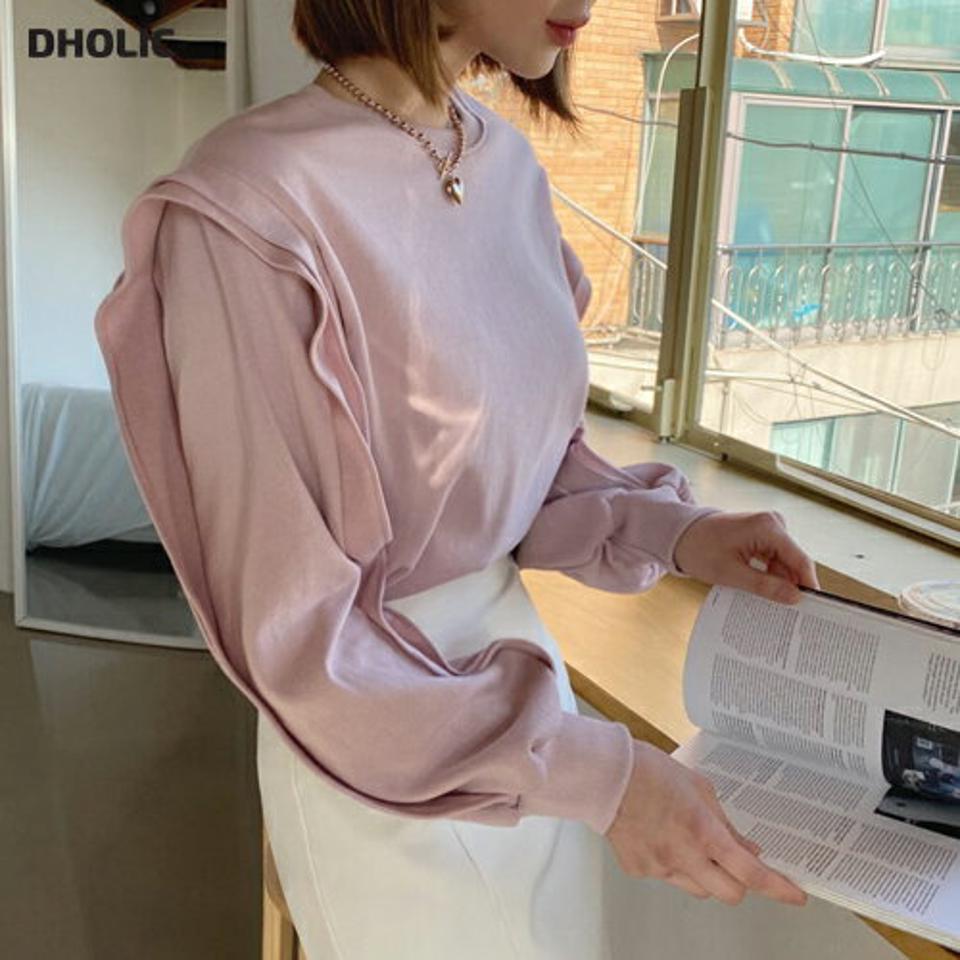 レイヤードディテールスウェット・全1色・e61748 レディース 【tops】 韓国 ファッション トップス スウェットTシャツ 長袖 ラウンドネック レイヤード ディテール フリル ルーズ ゆったり 上品 体型カーバー デイリー ベーシック 秋 春