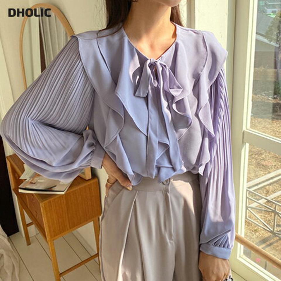 リボンネックブラウス・全2色・b63058 レディース 【bl】【韓国 ファッション トップス ブラウス 長袖 上品 シフォンブラウス Vネック リボン フリル プリーツ ボリューム ラブリー フェミニン カジュアル デイリー 秋 春】