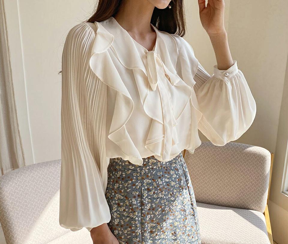 リボンネックブラウス・全2色・b63058 レディース 【bl】【韓国 ファッション トップス ブラウス 長袖 上品 シフォンブラウス Vネック リボン フリル プリーツ ボリューム ラブリー フェミニン カジュアル デイリー 秋 春】