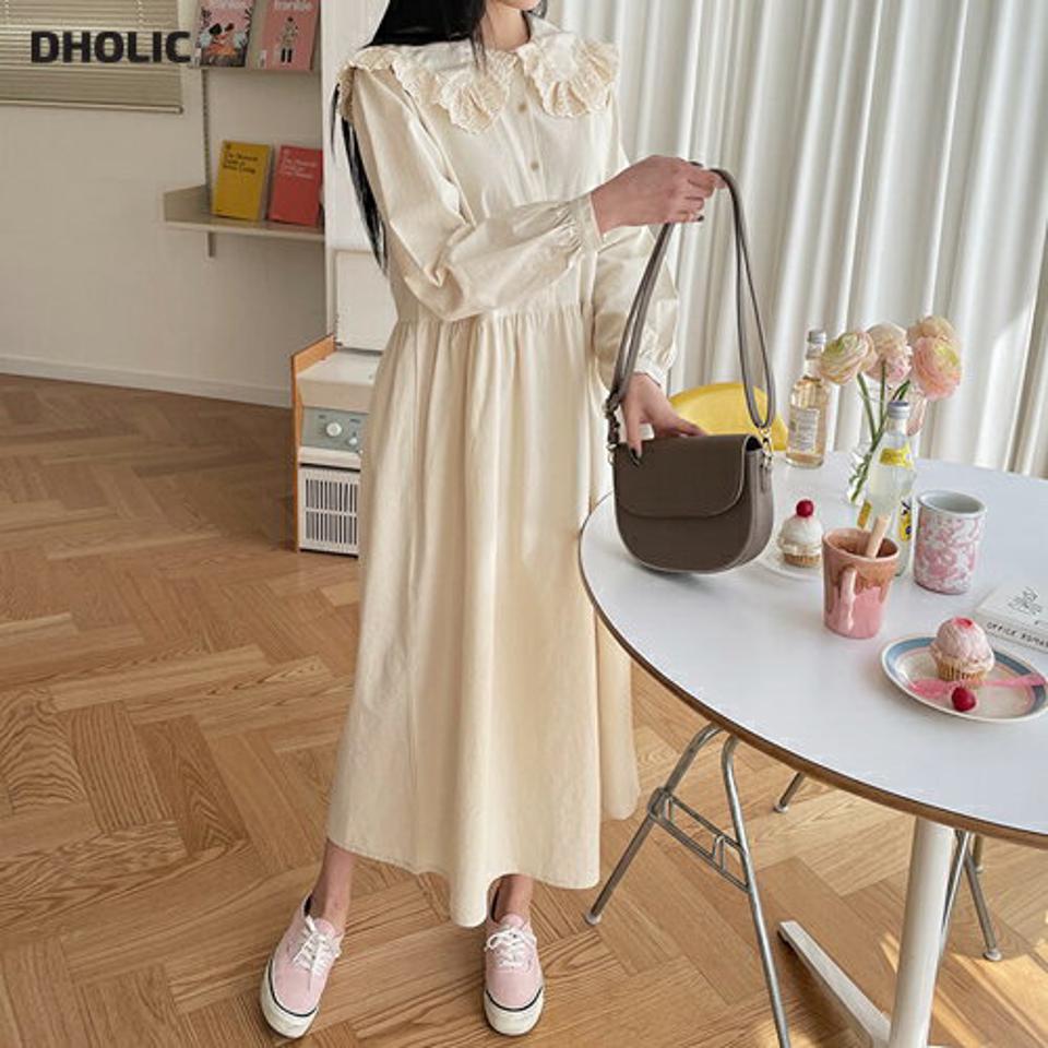 レースセーラーカラーワンピース・全2色・t63506 レディース 【ops】【韓国 ファッション ワンピース ロング ロングワンピース カジュアル フェミニン レース セーラーカラー ラウンドカラー ギャザー ルーズ スリム 体型カバー 秋 春】【NIJU】