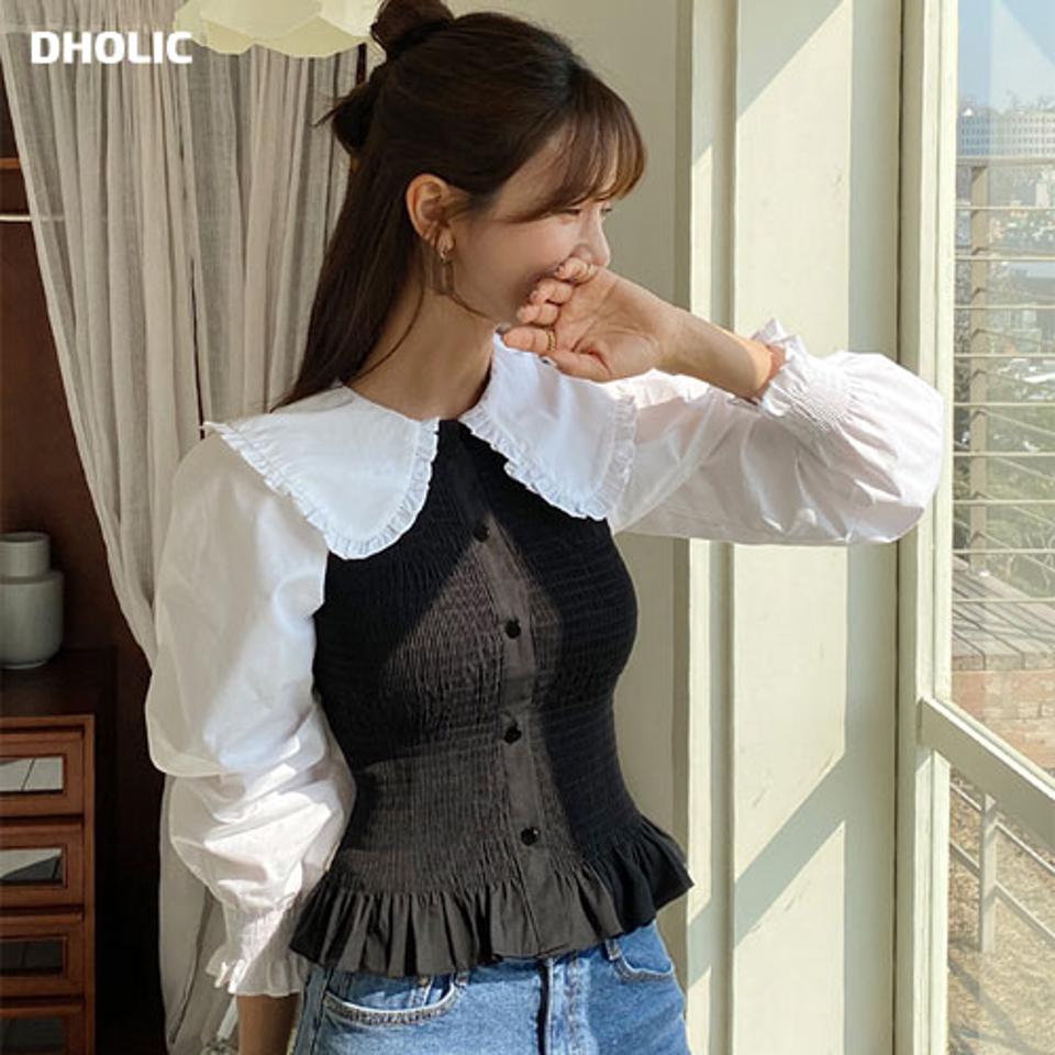 ビッグカラーシャーリングブラウス・全1色・t63059 レディース 【bl】【韓国 ファッション トップス ブラウス 長袖 上品 ビッグカラー シャーリングブラウス フリル ボリュームスリーブ ラブリー フェミニン カジュアル デイリー 秋 春】