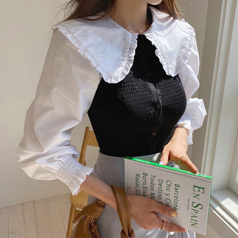 ビッグカラーシャーリングブラウス・全1色・t63059 レディース 【bl】【韓国 ファッション トップス ブラウス 長袖 上品 ビッグカラー シャーリングブラウス フリル ボリュームスリーブ ラブリー フェミニン カジュアル デイリー 秋 春】