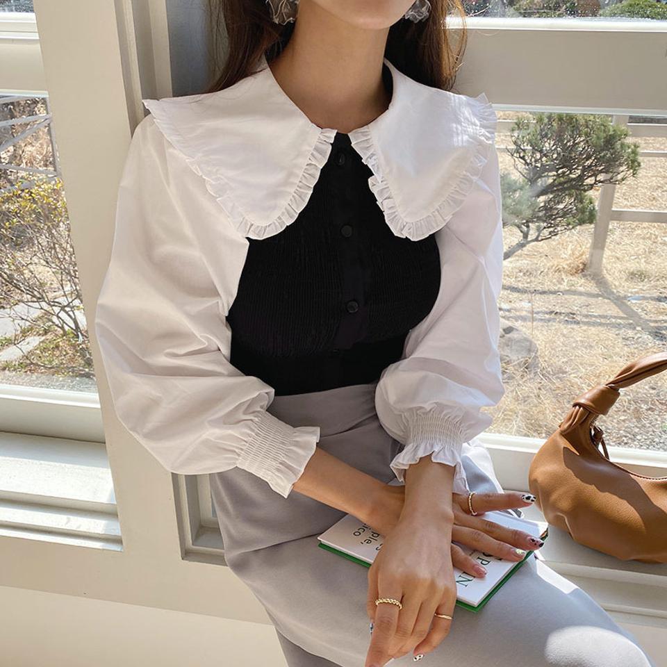 ビッグカラーシャーリングブラウス・全1色・t63059 レディース 【bl】【韓国 ファッション トップス ブラウス 長袖 上品 ビッグカラー シャーリングブラウス フリル ボリュームスリーブ ラブリー フェミニン カジュアル デイリー 秋 春】