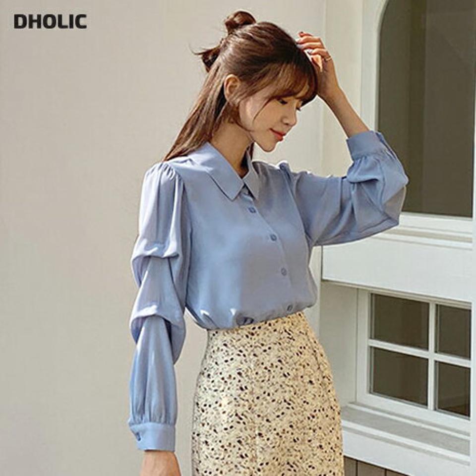 ギャザースリーブカラーブラウス・全4色・b63057 レディース 【bl】【韓国 ファッション トップス ブラウス 長袖 上品 ギャザー スリーブ カラーブラウス ユニーク シルキー 光沢 ボリューム ラブリー フェミニン カジュアル デイリー 秋 春】