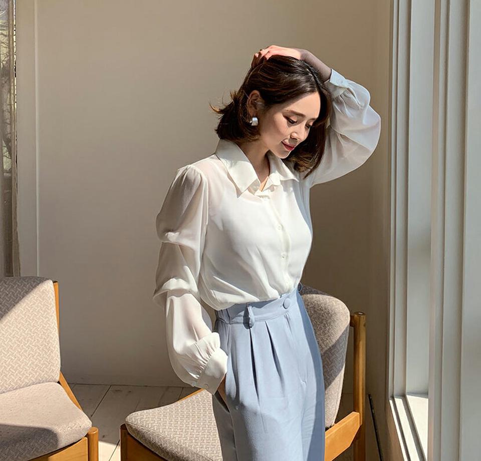 ギャザースリーブカラーブラウス・全4色・b63057 レディース 【bl】【韓国 ファッション トップス ブラウス 長袖 上品 ギャザー スリーブ カラーブラウス ユニーク シルキー 光沢 ボリューム ラブリー フェミニン カジュアル デイリー 秋 春】