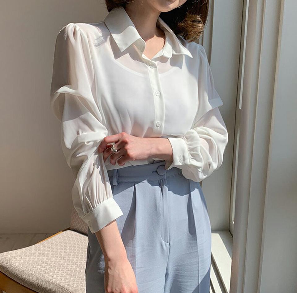 ギャザースリーブカラーブラウス・全4色・b63057 レディース 【bl】【韓国 ファッション トップス ブラウス 長袖 上品 ギャザー スリーブ カラーブラウス ユニーク シルキー 光沢 ボリューム ラブリー フェミニン カジュアル デイリー 秋 春】