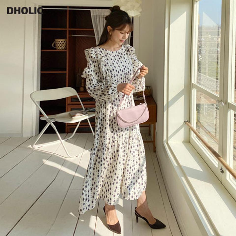 パターンフリルラインワンピース・全2色・b63062 レディース 【ops】【韓国 ファッション ワンピース ロング ロングワンピス ラウンドネック パターン フリル フリルワンピース フェミニン 細身 スリム カジュアル 体型カバー 秋 春】