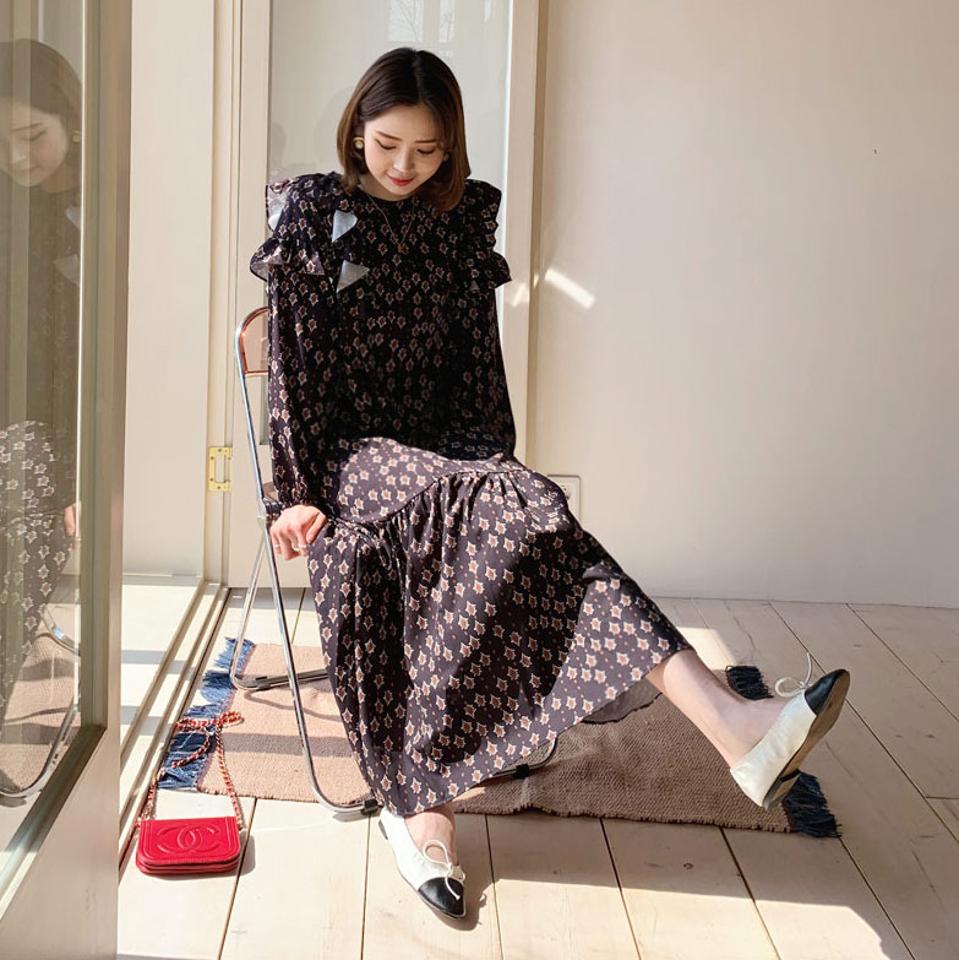 パターンフリルラインワンピース・全2色・b63062 レディース 【ops】【韓国 ファッション ワンピース ロング ロングワンピス ラウンドネック パターン フリル フリルワンピース フェミニン 細身 スリム カジュアル 体型カバー 秋 春】