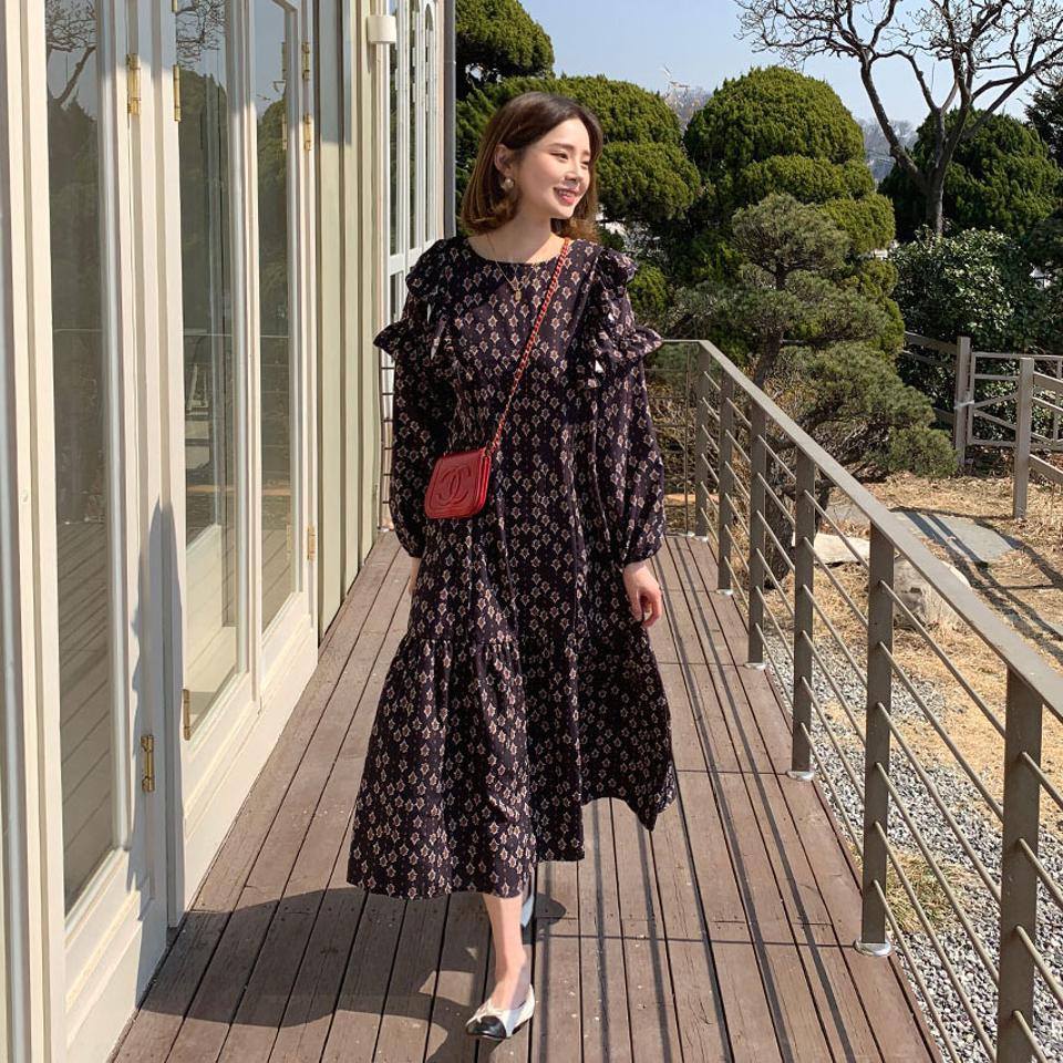 パターンフリルラインワンピース・全2色・b63062 レディース 【ops】【韓国 ファッション ワンピース ロング ロングワンピス ラウンドネック パターン フリル フリルワンピース フェミニン 細身 スリム カジュアル 体型カバー 秋 春】